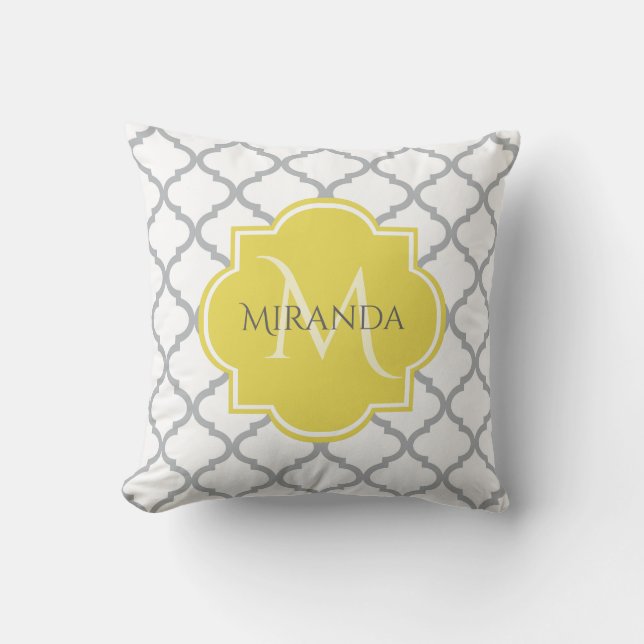 Chic White Grey Quatrefoil Yellow Monogrammed Name Cushion (Front)