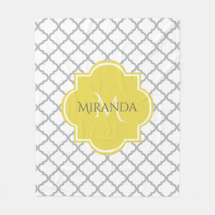 Chic White Grey Quatrefoil Yellow Monogrammed Name Fleece Blanket