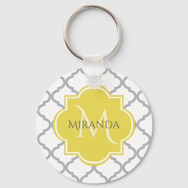 Chic White Grey Quatrefoil Yellow Monogrammed Name Key Ring (Front)