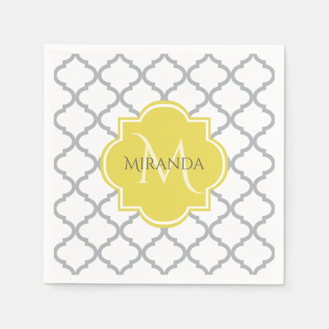Chic White Grey Quatrefoil Yellow Monogrammed Name Napkin (Front)