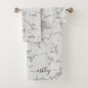 Chic White Grey Silver Marble Glitter Script Name Bath Towel Set