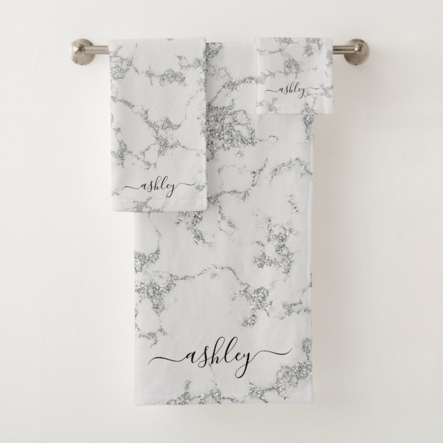 Chic White Grey Silver Marble Glitter Script Name Bath Towel Set (Insitu)
