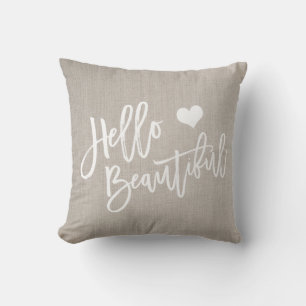 Chic white hello beautiful heart rustic linen cushion