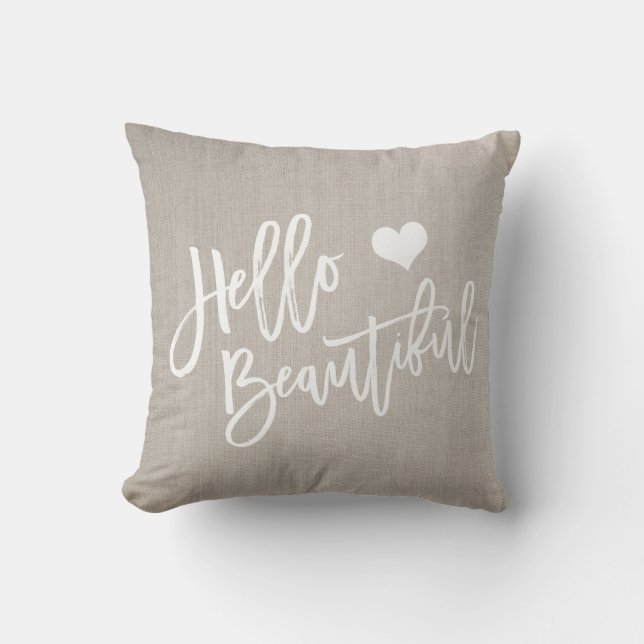 Chic white hello beautiful heart rustic linen cushion (Front)