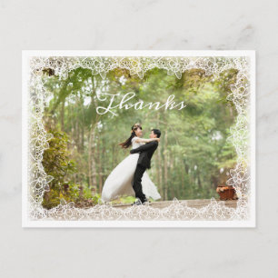 Chic White Lace Trimmed Wedding Photo Thanks Postcard