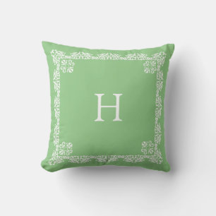 Chic White Lace Vector & Monogram on Light Green Cushion