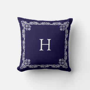 Chic White Lace Vector & Monogram on Navy Blue Cushion