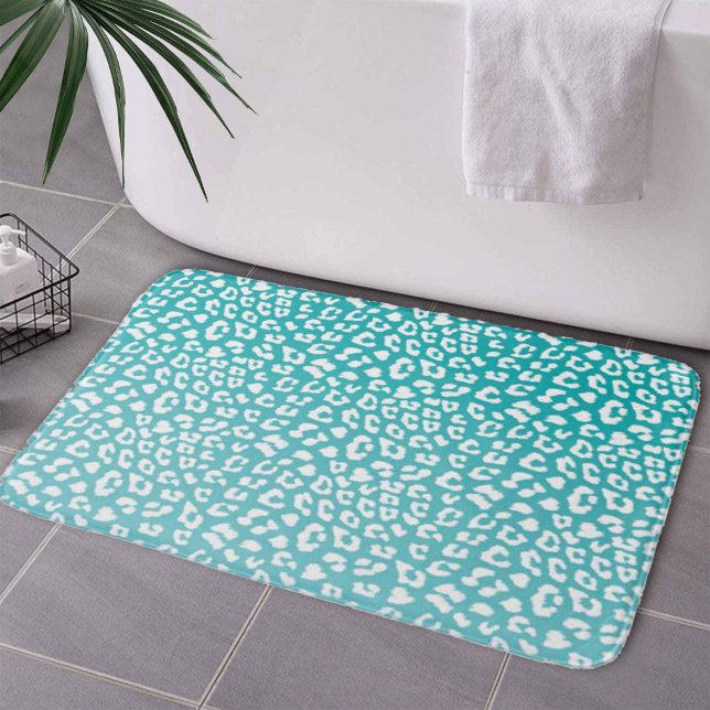 Chic White Leopard Spots on Turquoise Bath Mat (Turquoise Leopard Print Pattern Bath Mat by Looly Elzayat
)