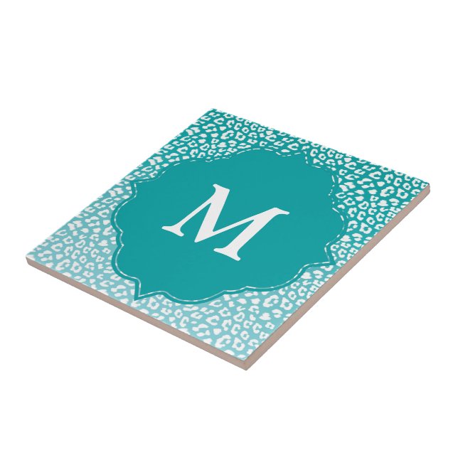 Chic White Leopard Spots on Turquoise Monogram Ceramic Tile (Side)