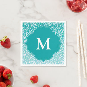 Chic White Leopard Spots on Turquoise Monogram Napkin