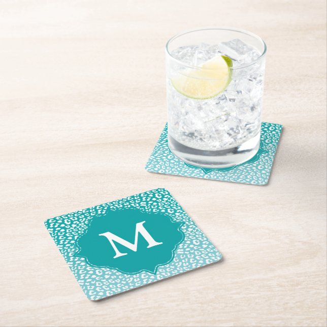 Chic White Leopard Spots on Turquoise Monogram Square Paper Coaster (Insitu)