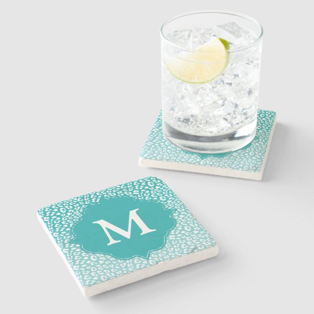 Chic White Leopard Spots on Turquoise Monogram Stone Coaster (Side)