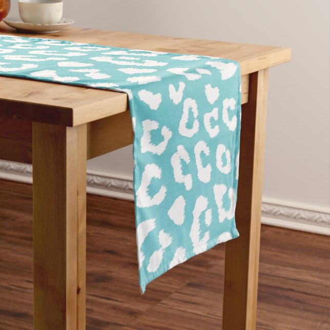 Chic White Leopard Spots on Turquoise Short Table Runner (In Situ)