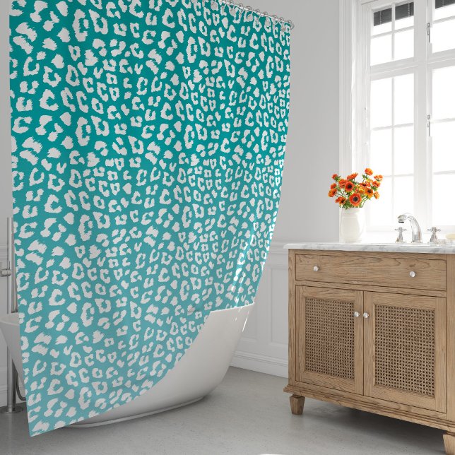 Chic White Leopard Spots on Turquoise Shower Curtain (Turquoise Leopard Print Pattern Shower Curtain by Looly Elzayat
)