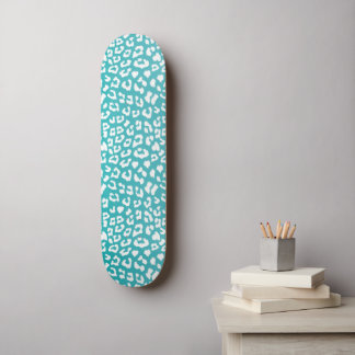 Chic White Leopard Spots on Turquoise Skateboard