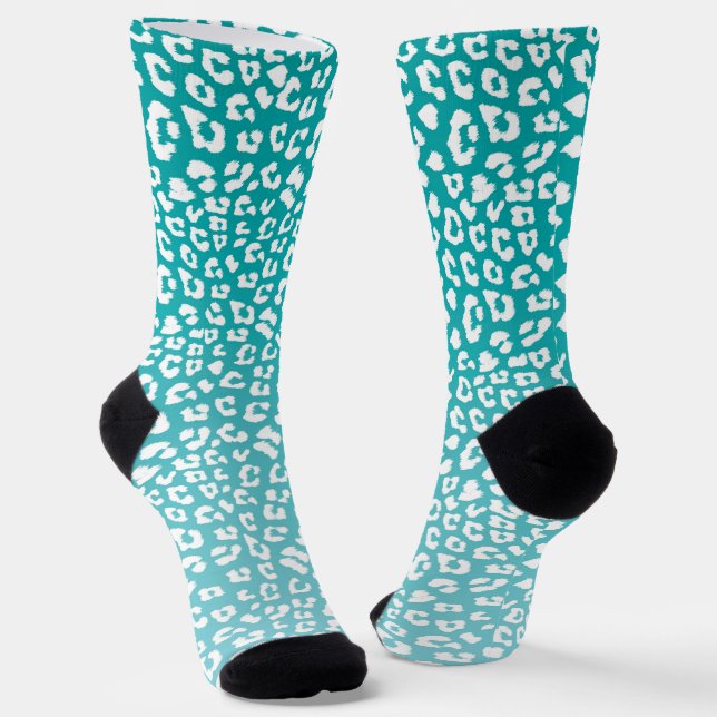 Chic White Leopard Spots on Turquoise Socks (Angled)