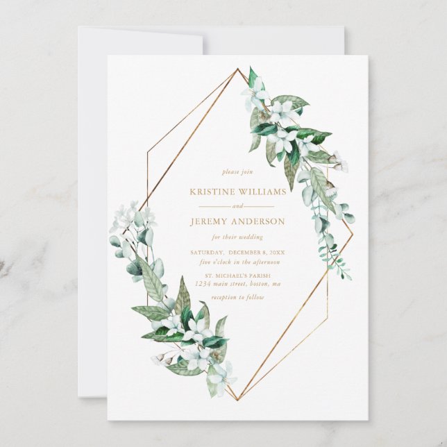 Chic White Magnolia Floral Greenery Gold Wedding Invitation (Front)