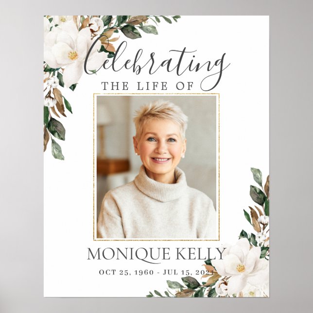 Chic White Magnolia Floral Photo Funeral Memorial Poster (Front)