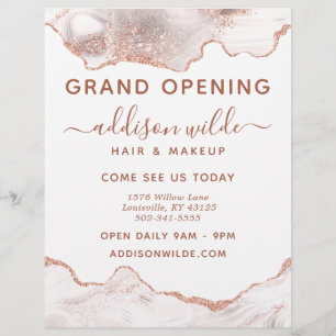 Chic White Marble Agate Rose Gold Glitter Business Flyer
