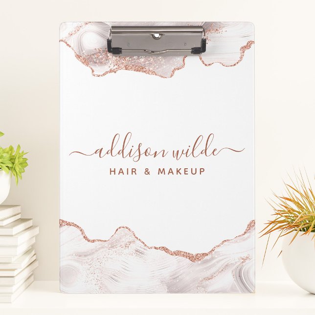 Chic White Marble Agate Rose Gold Glitter Clipboard (Creator Uploaded)