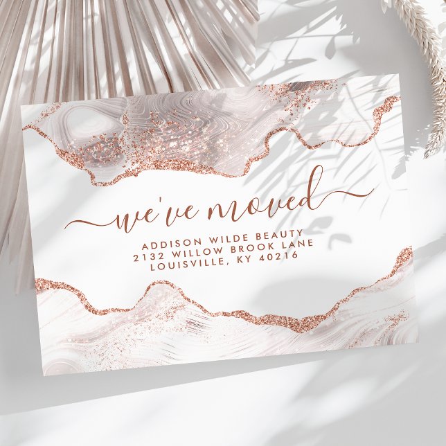 Chic White Marble Agate Rose Gold Glitter Moving Announcement Postcard (Creator Uploaded)