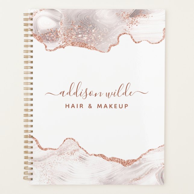 Chic White Marble Agate Rose Gold Glitter Planner (Front)