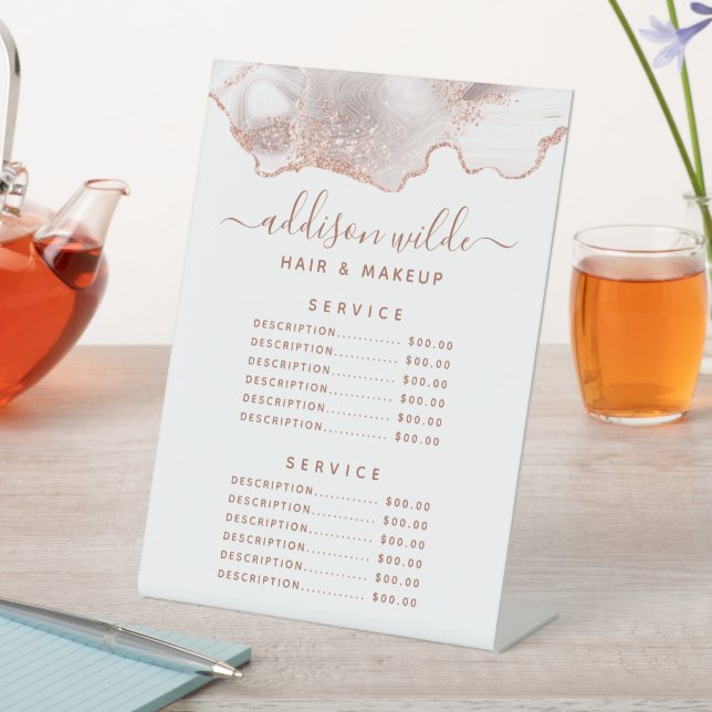 Chic White Marble Agate Rose Gold Service Price Pedestal Sign (In SItu)