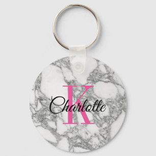 Chic white marble stone custom monogram keychain