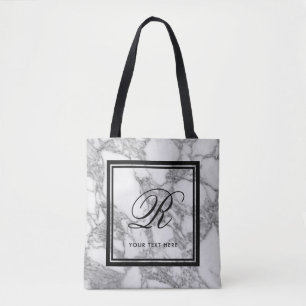 Chic white marble stone texture custom monogram tote bag