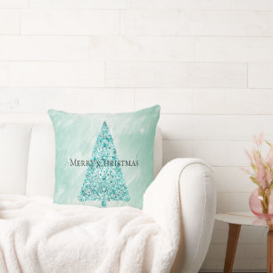 Chic White Mint Christmas Tree Glitter Cushion