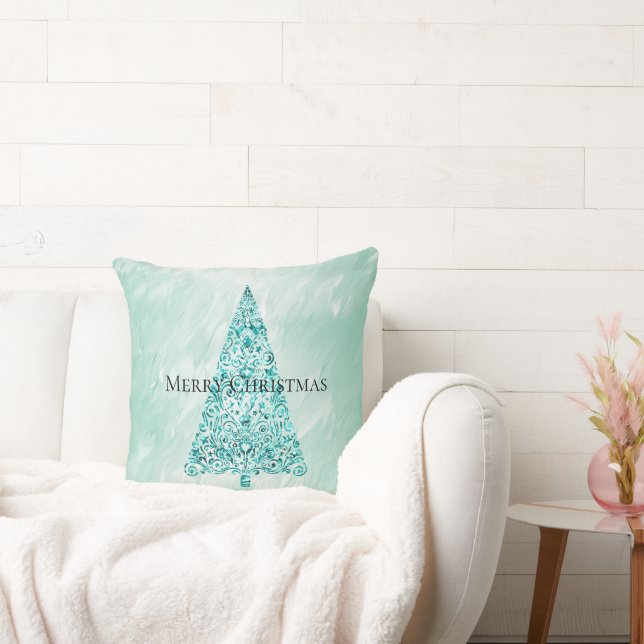 Chic White Mint Christmas Tree Glitter Cushion (Couch)