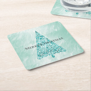 Chic White Mint Christmas Tree Glitter Square Paper Coaster