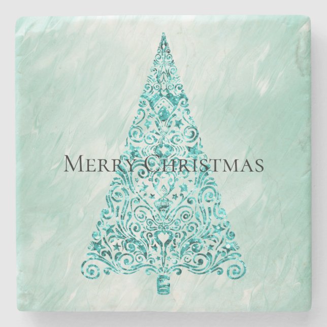 Chic White Mint Christmas Tree Glitter Stone Coaster (Front)