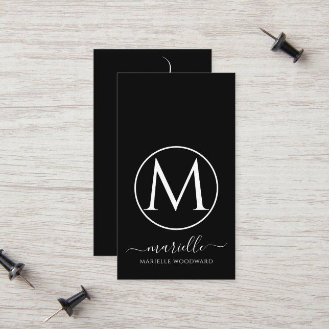 Chic White Monogram On Black Calling Card (Front/Back In Situ)