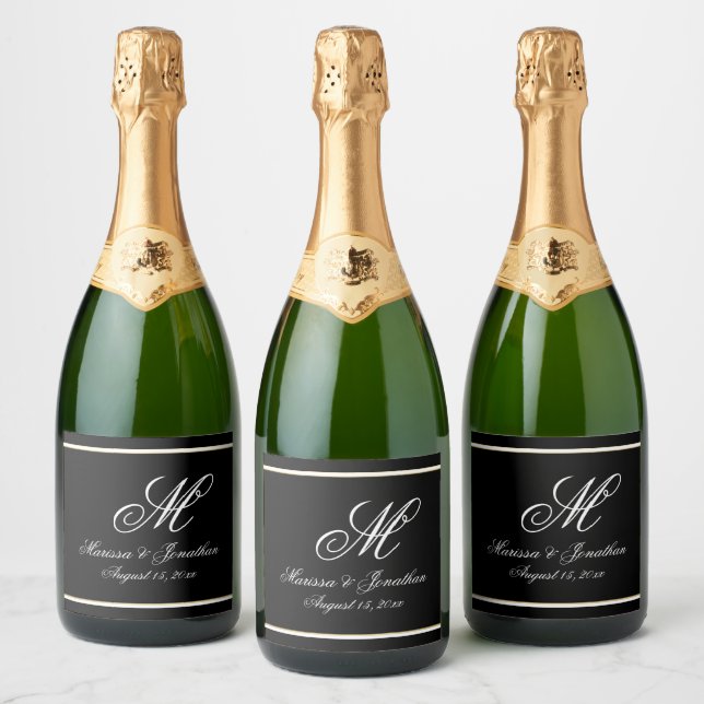 Chic White Monogram Script Black Wedding Sparkling Wine Label (Bottles)
