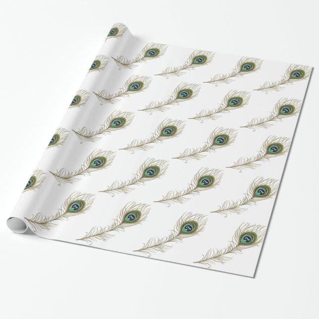 Chic White Peacock Feather Wrapping Paper (Unrolled)