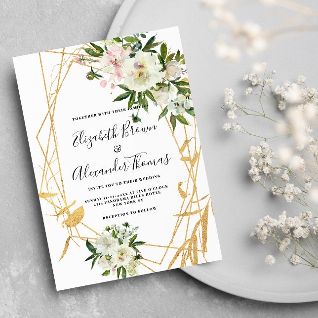 Chic white peony gold terrarium floral wedding invitation (Chic white peony gold terrarium floral wedding)