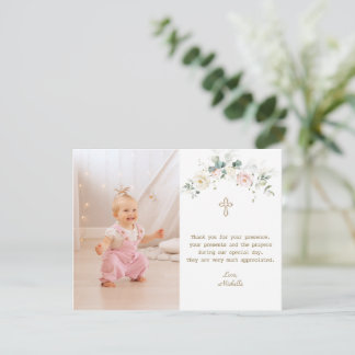 Chic White Pink Floral Gold Girl Photo Baptism Thank You Card