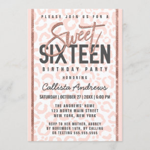 Chic White Pink Rose Gold Glitter Cheetah Sweet 16 Invitation