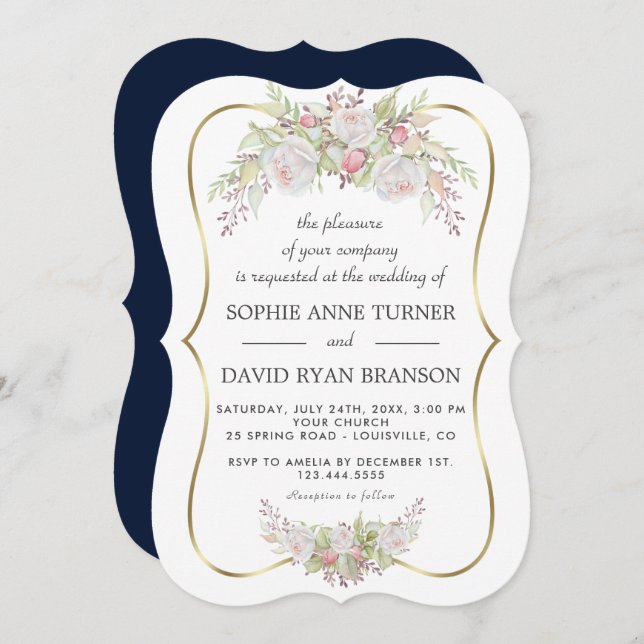Chic White Pink Roses Navy Blue Gold Wedding Invitation (Front/Back)