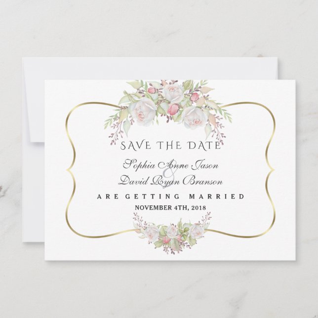 Chic White Pink Roses Navy Blue Gold Wedding Save The Date (Front)