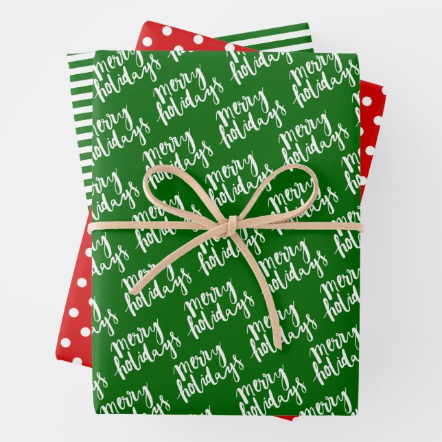 Chic White Polkadots And Stripes On Red And Green Wrapping Paper Sheet (In situ)