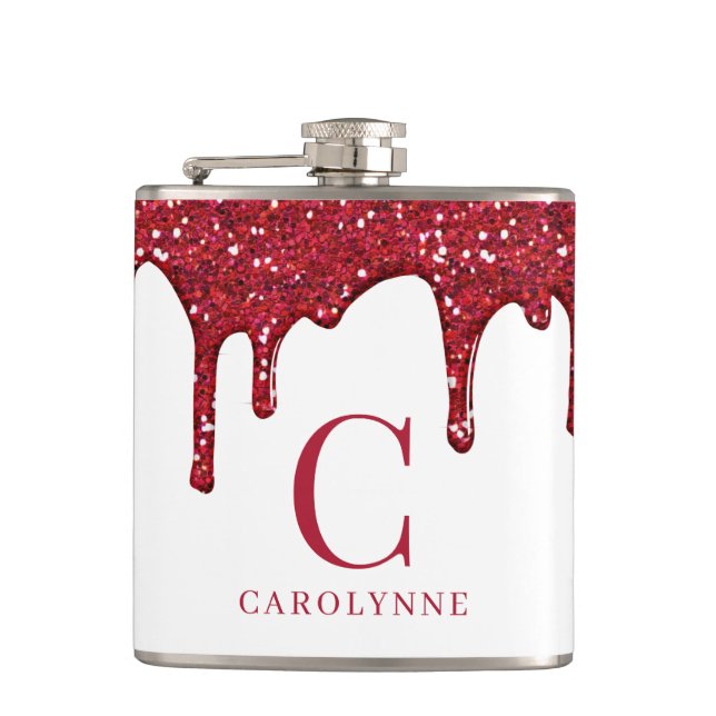 Chic White Red Sparkle Glitter Drips Monogram Hip Flask (Front)