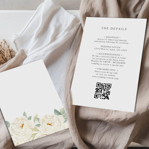 CHIC WHITE ROSE FLORAL WEDDING DETAILS QR CODE ENCLOSURE CARD