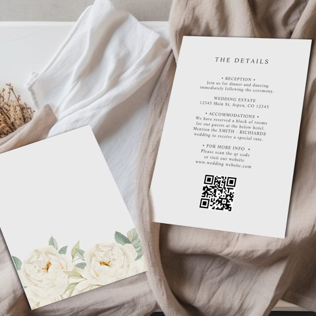 CHIC WHITE ROSE FLORAL WEDDING DETAILS QR CODE ENCLOSURE CARD (Creator Uploaded)