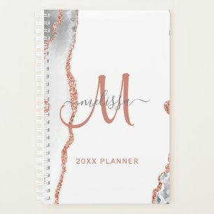 Chic White Rose Gold Glitter Agate Monogram 2024 Planner