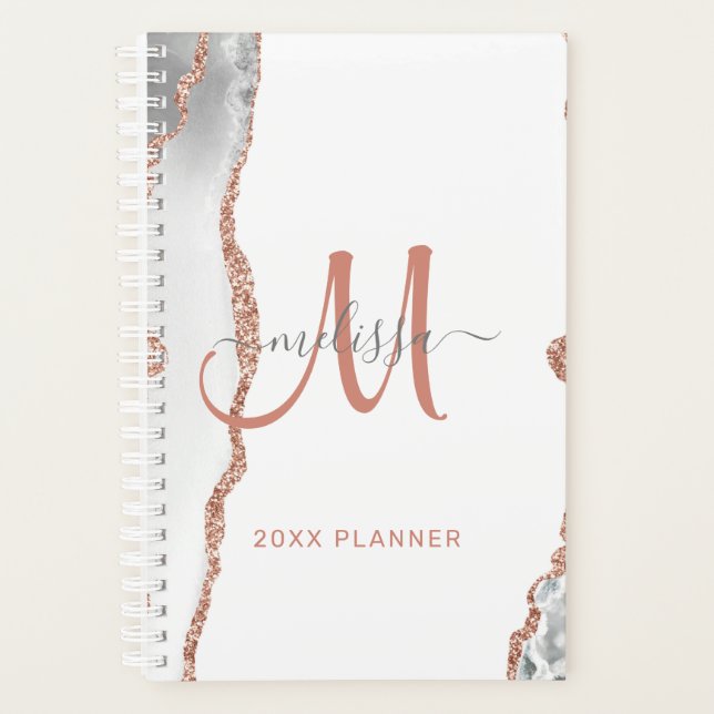 Chic White Rose Gold Glitter Agate Monogram 2024 Planner (Front)