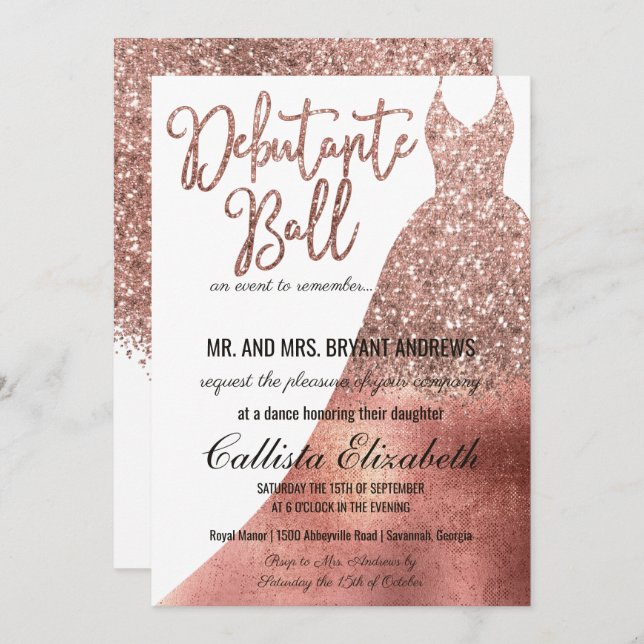 Chic White Rose Gold Glitter Dress Debutante Dance Invitation (Front/Back)