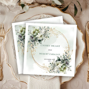 Chic White Roses Botanical Gold Wedding Napkins