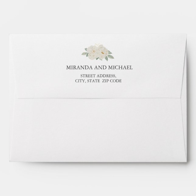 CHIC WHITE ROSES BOUQUET WEDDING PRE PRINTED ENVELOPE (Back (Top Flap))